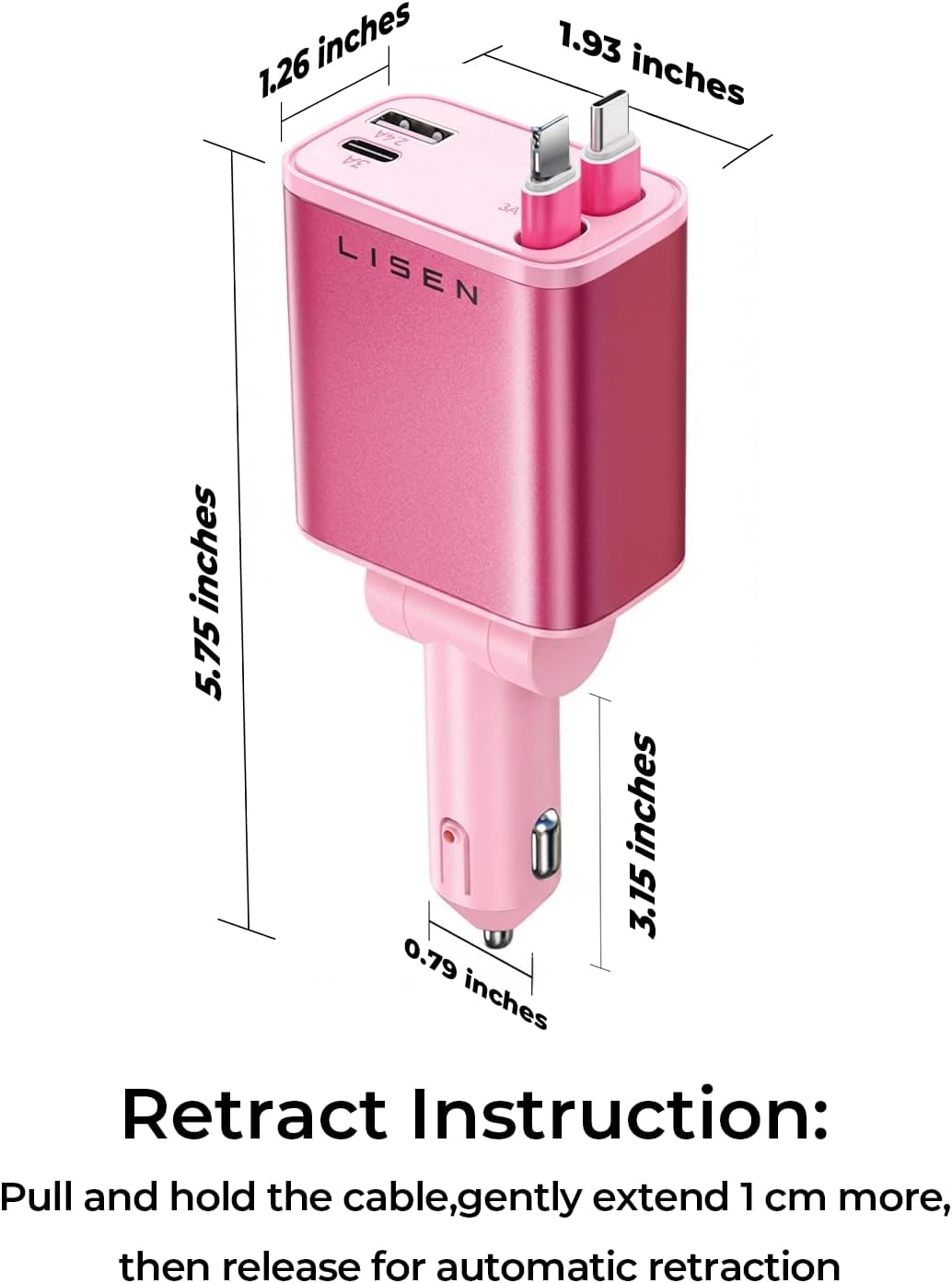 LISEN Retractable Car Charger, Pink-White