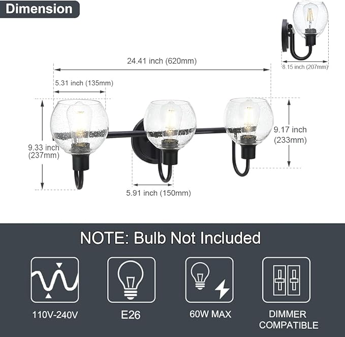 WINSHEN Modern 3-Lights Black Vanity Light Fixtures Farmhouse Metal Bathroom