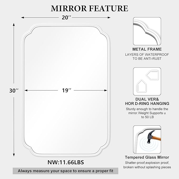 White Bathroom Mirror for Wall 20×30 Inch