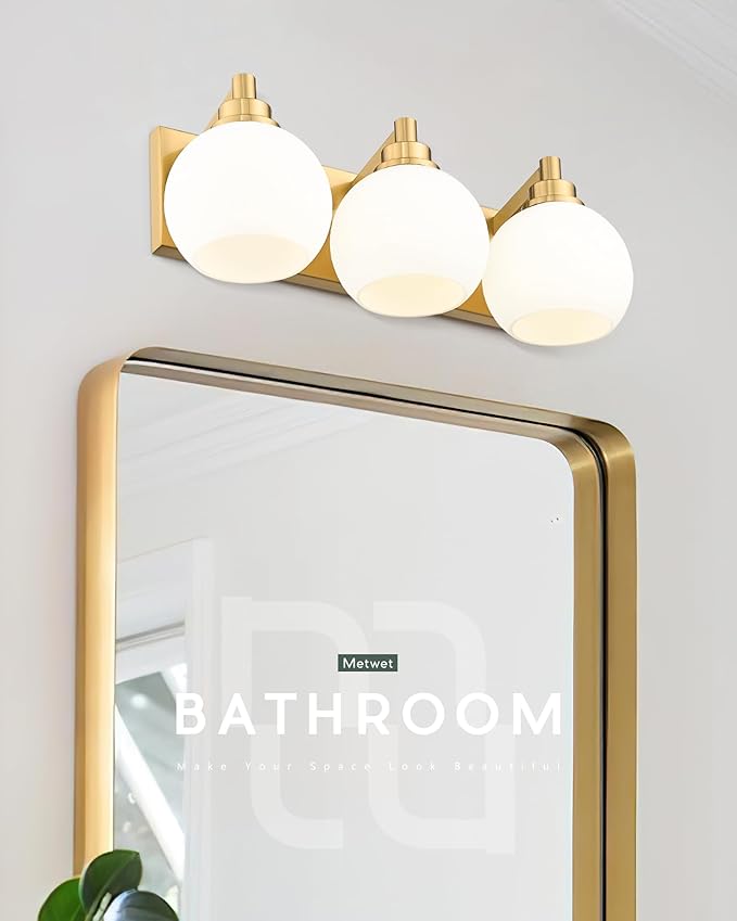METWET Bathroom Light Fixtures, 3-Light Brushed Gold Vanity Light, Modern Wall