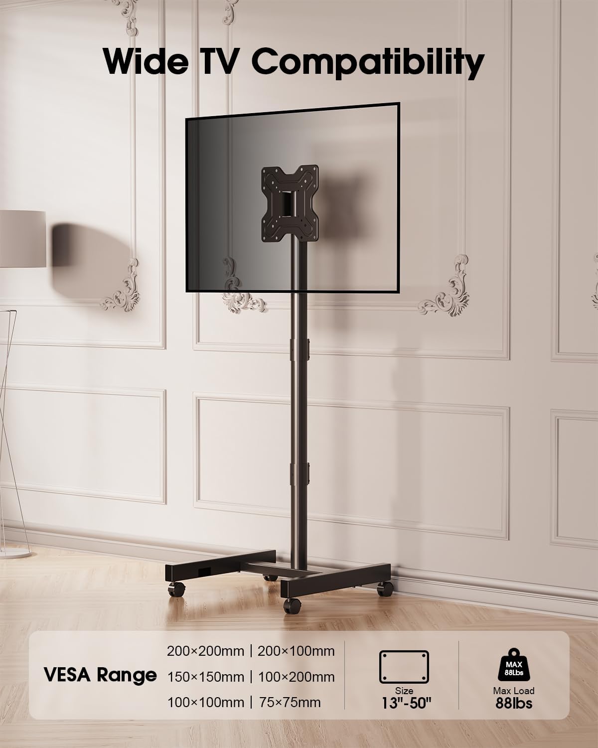 Rolling TV Stand for 13-50 Inch TVs/Screens, Sturdy 50mm Support Pole