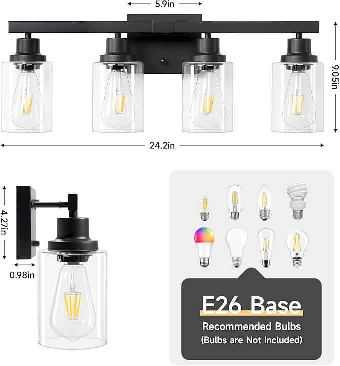 DIKAIDA Bathroom Vanity Light, 4-Light Modern Matte Black Wall Sconce Lighting