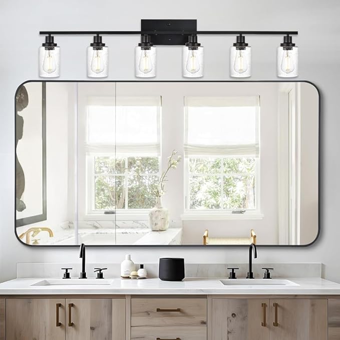WINSHEN 6-Light Seeded Glass Vanity Light Fixtures in Matte Black Finish
