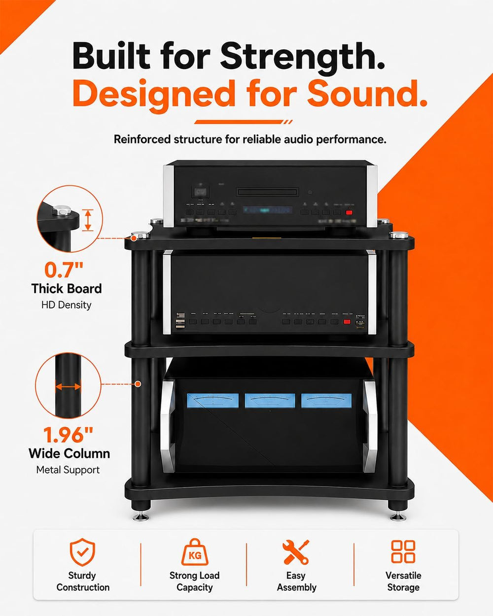 Heavy Duty 3-Tier AV Media Stand, 264 lb Load Capacity, Black