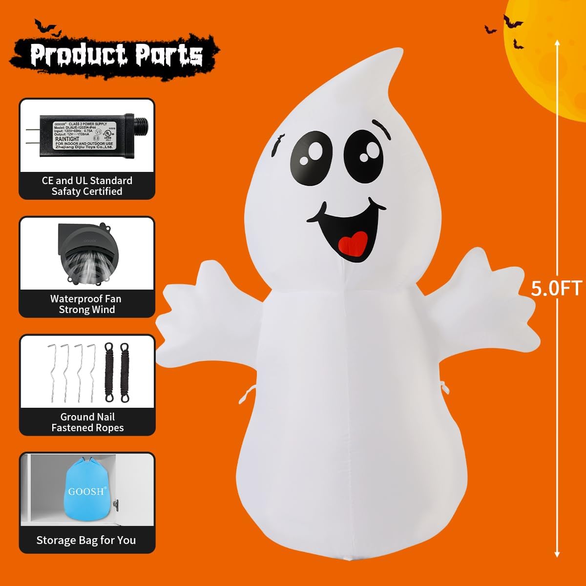 GOOSH 5 FT Halloween Inflatable Ghost Outdoor Decoration with Magic Light, Blow Up Yard Decoration with Built-in LEDs for Garden Lawn Indoor Party Holiday Decor