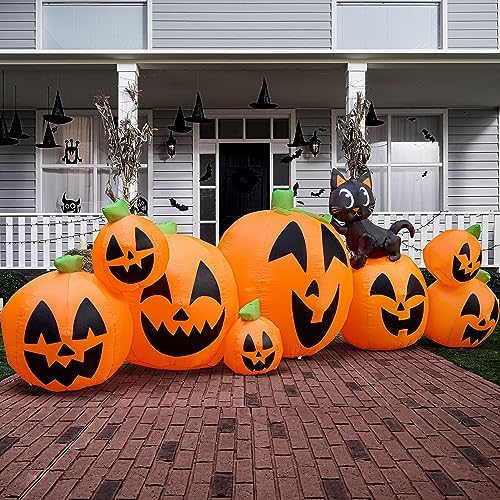 Joiedomi 10 FT Long Halloween Inflatables Outdoor Decorations, Blow Ups Inflatable Pumpkin for Yard with Witch's Cat, 8 Pcs Blow Up Pumpkin Decor for Halloween Decorations Outside