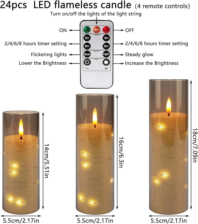 24pcs Flameless Grey Pillar Candle