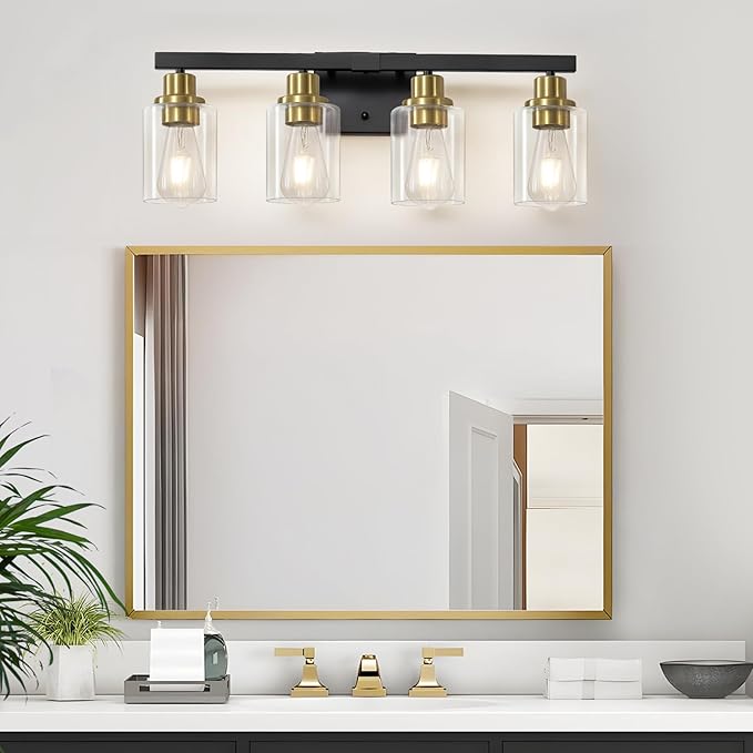 DIKAIDA Bathroom Vanity Light, 4-Light Black and Gold Bathroom Light Fixtures