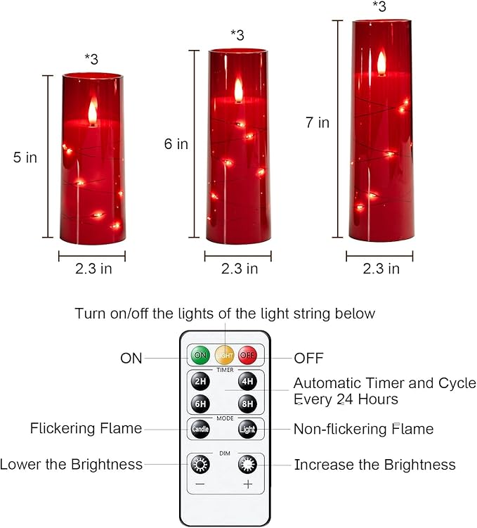 Raycare Flameless Candle with Remote Timer – 9 Flickering Acrylic Battery Operated LED Pillar Candles with Embedded Star String for Halloween, Home Decor, and as a Gift (Red) (9 Pcs)