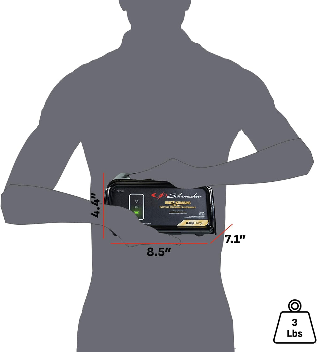 schumacher electric 8a car battery charger & maintainer, front angle view