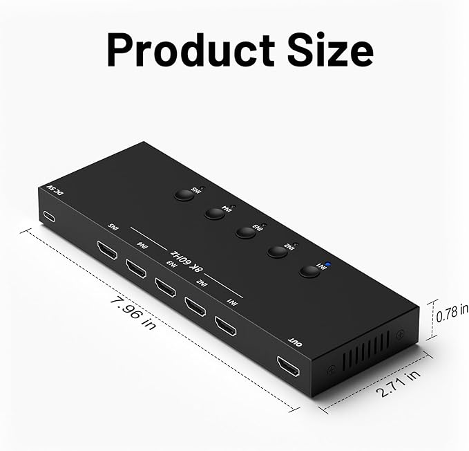 8K 5 in to 1 Out HDMI Switcher，5 Way HDMI Converter & Infrared Remote Control