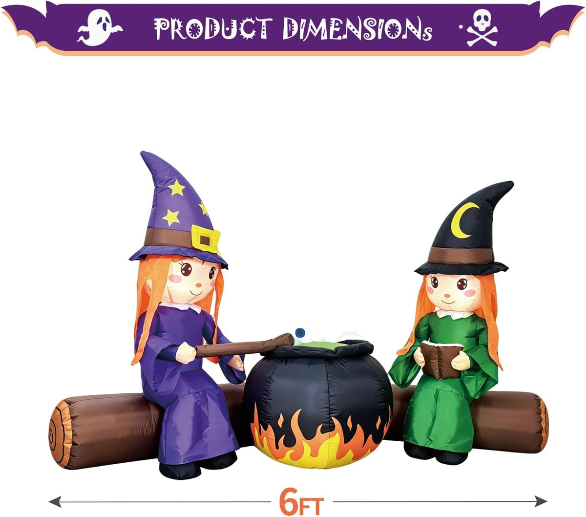 DomKom 6FT Halloween Inflatable Blow Up Decorations, Cute Witches with Cauldron Over Campfire, Built-in LEDs for Holiday Party, Garden, Lawn, Yard, Patio Décor