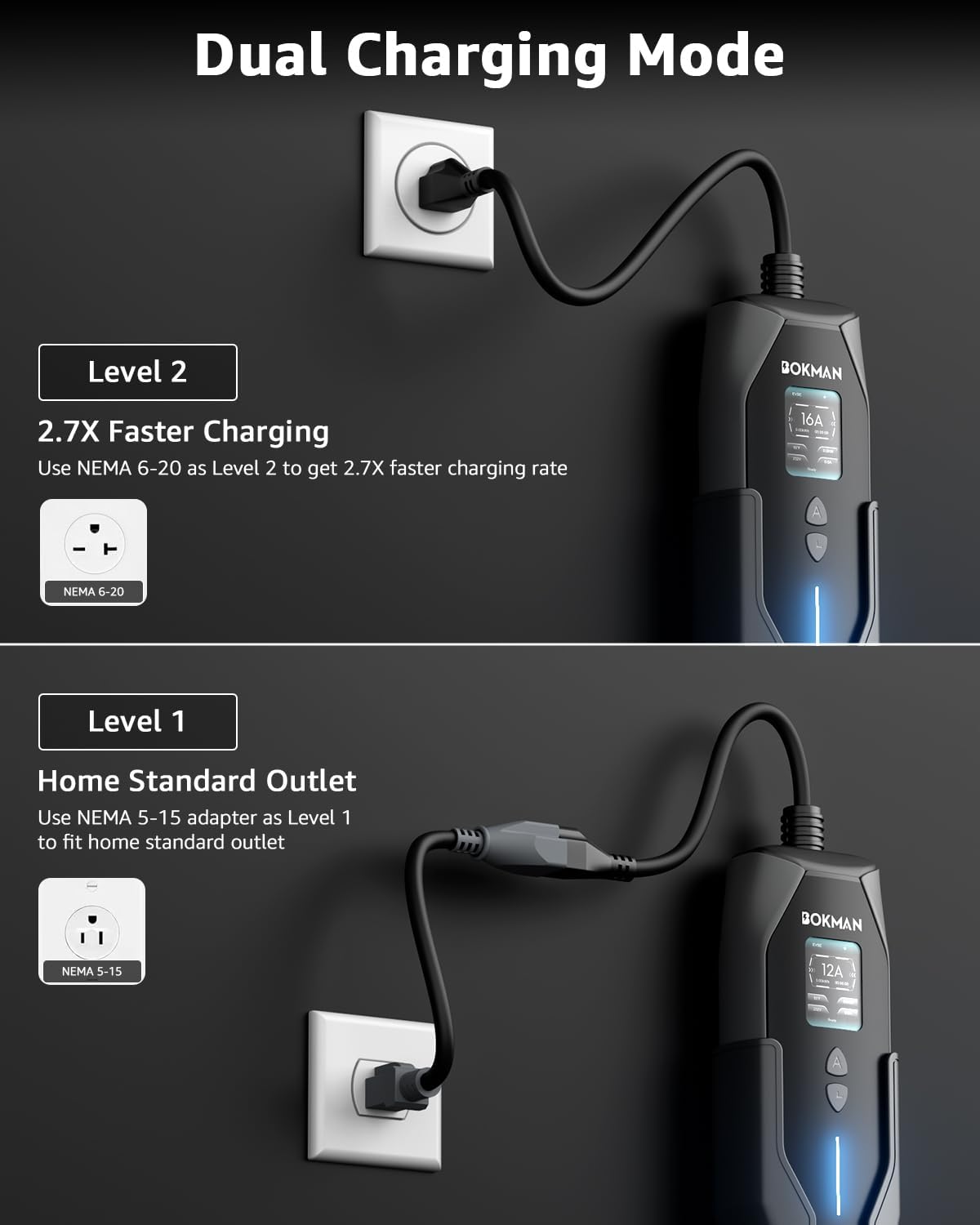 bokman Portable Level 1&2 EV Charger, 16A 20ft, NEMA 6-20P/5-15 Adapter