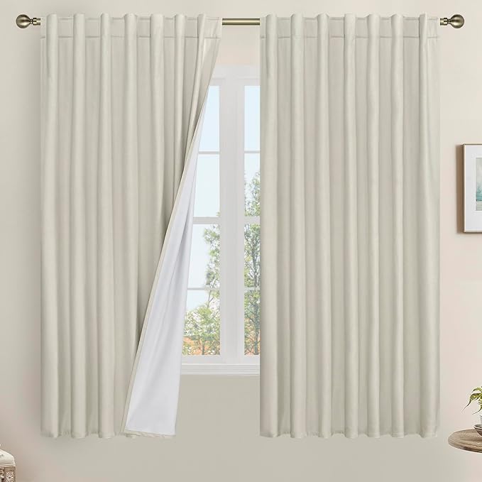 LAMIT 100% Blackout Linen Curtains 63 Inches Long, Linen Textured Living Room