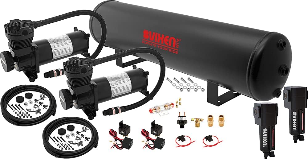 Vixen Air 12V Air Suspension Kit with 200 PSI Compressors and 5 Gallon Tank Onboard Air Ride System for Truck, RV, Car | for Air Bags, Air Springs, Heavy Load Leveling, Towing, Train Horns, VXO4852DBF