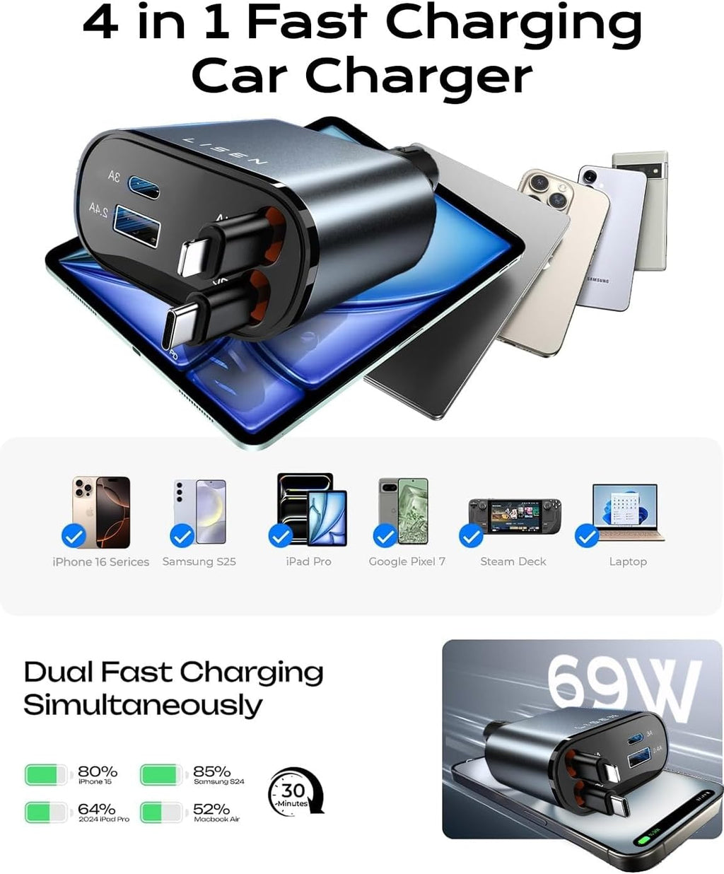 lisen retractable car charger 4 in 1 for, package contents