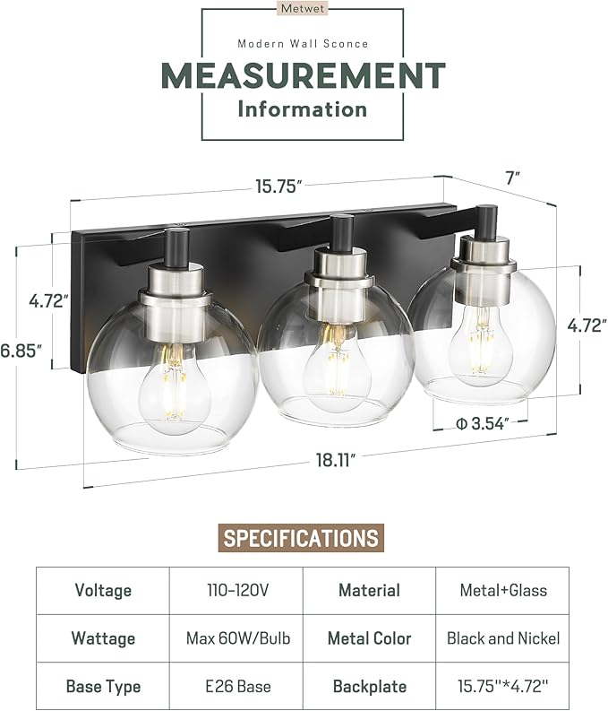 METWET Bathroom Light Fixtures, 3-Light Black and Brushed Nickel Bathroom