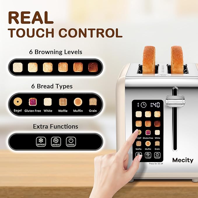 Mecity 2 Slice Touch Screen Toaster, 1.5" Wide Slot, Stainless Steel Smart