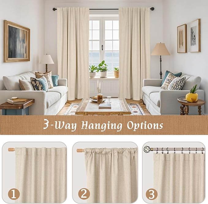 LAMIT 100% Blackout Natural Linen Curtains, 72 Inches Linen Textured Thermal