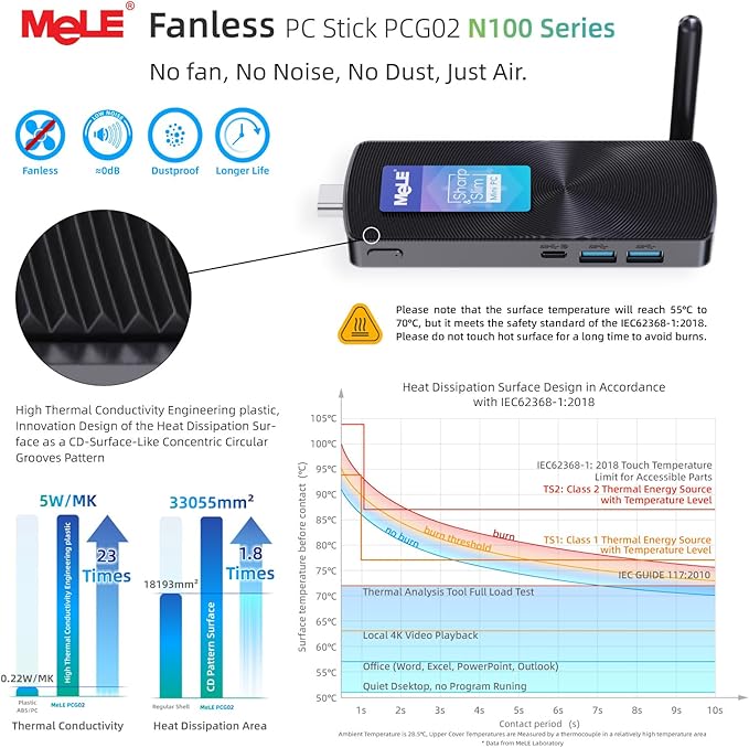 MeLE Fanless Mini PC Stick PCG02, N100 8GB 128GB Compute Stick, Micro Desktop