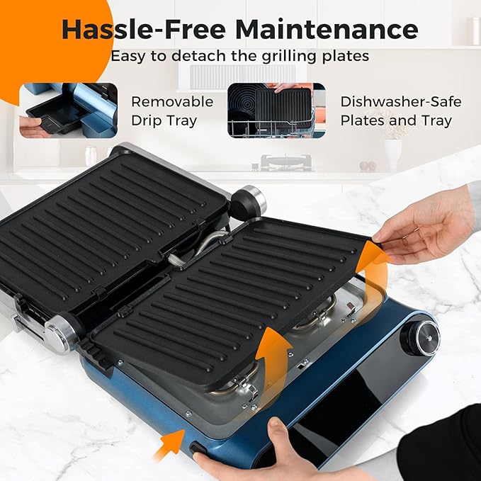7-In-1 Sandwich Maker with LED Touch Panel & No-Stick Plates, Electric Panini