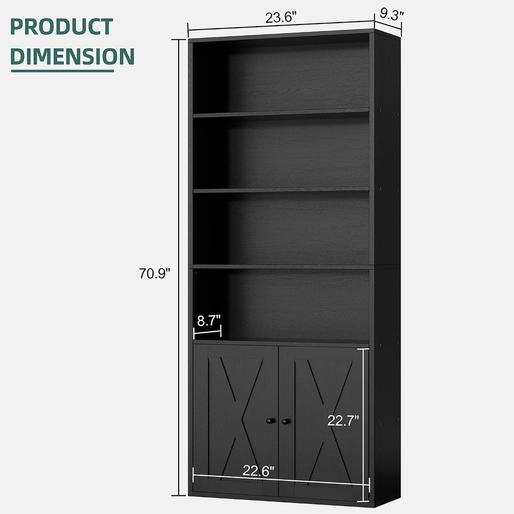 Shintenchi 6 Tier Bookshelf with Doors, Tall Standing Bookcase