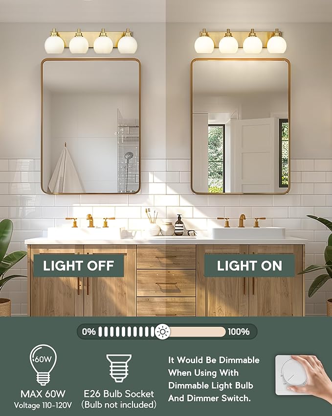 METWET Bathroom Light Fixtures, 4 Light Brushed Gold Vanity Light, 26 Inch