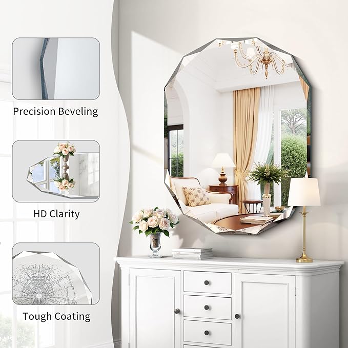 GLASHOM Frameless Bathroom Mirror, 30x40 inch Frameless Wall Mirrors Beveled