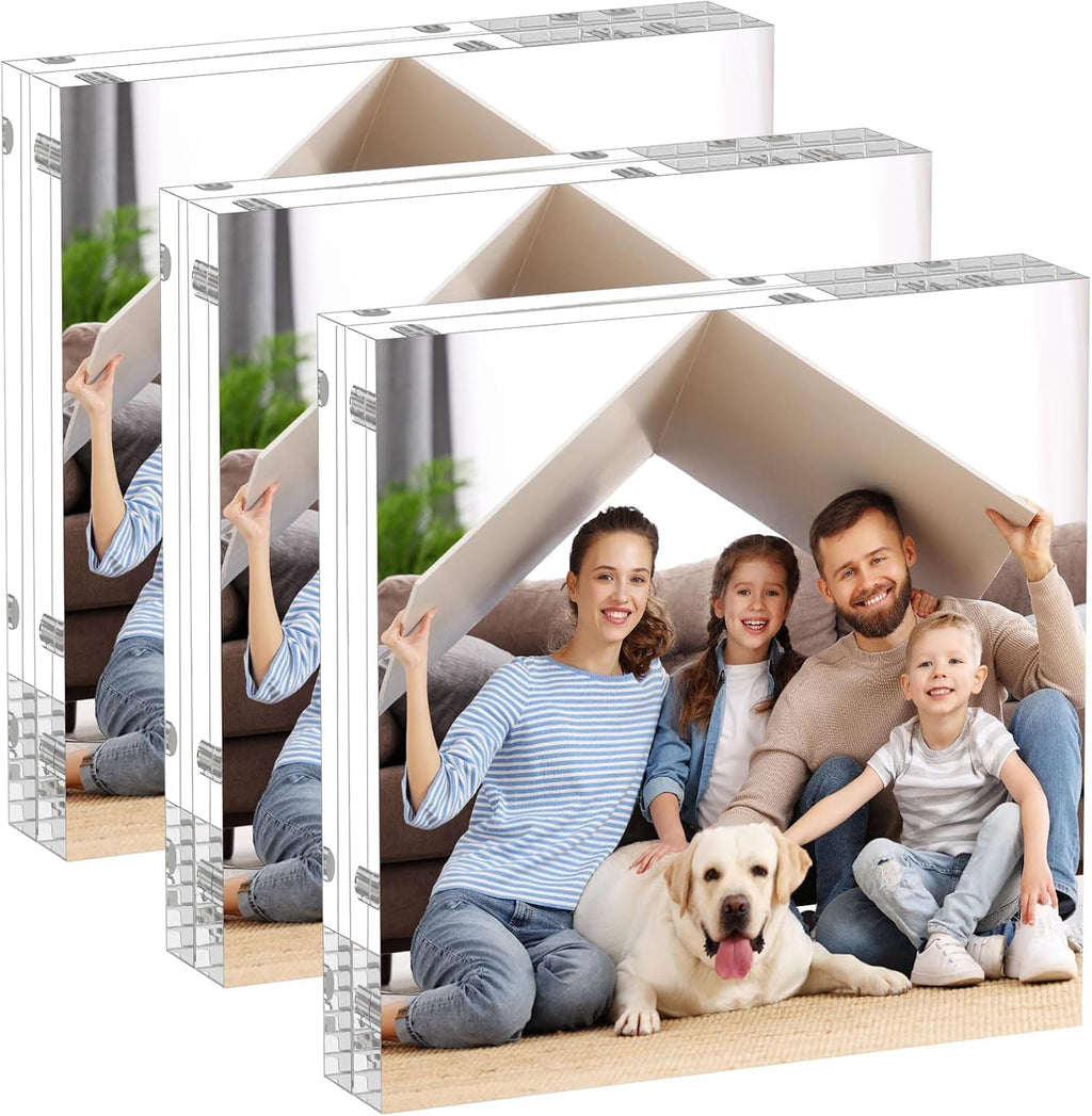 AITEE 5x5 Acrylic Picture Frames 3 Pack, Clear Picture Frames，20% Thicker | Freestanding Double Sided Magnetic Acrylic Lucite Frameless Transparent Square Frame Block Gift for Desktop Display