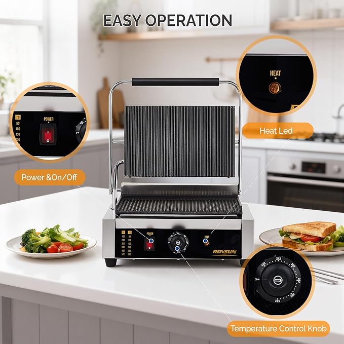 ROVSUN 811E Commercial Panini Press Grill, 2200W Stainless Steel Electric