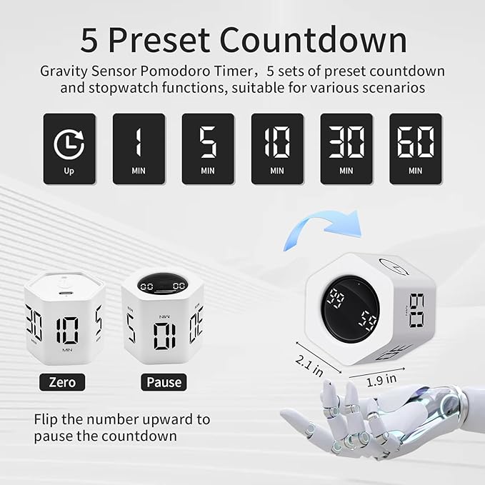 Productivity Timer Flip Gravity Sensor Cube Timer Countdown & Countup, Mute &
