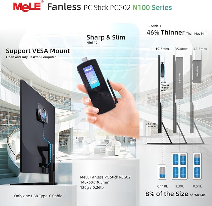 MeLE Fanless Mini PC Stick PCG02, N100 8GB 128GB Compute Stick, Micro Desktop