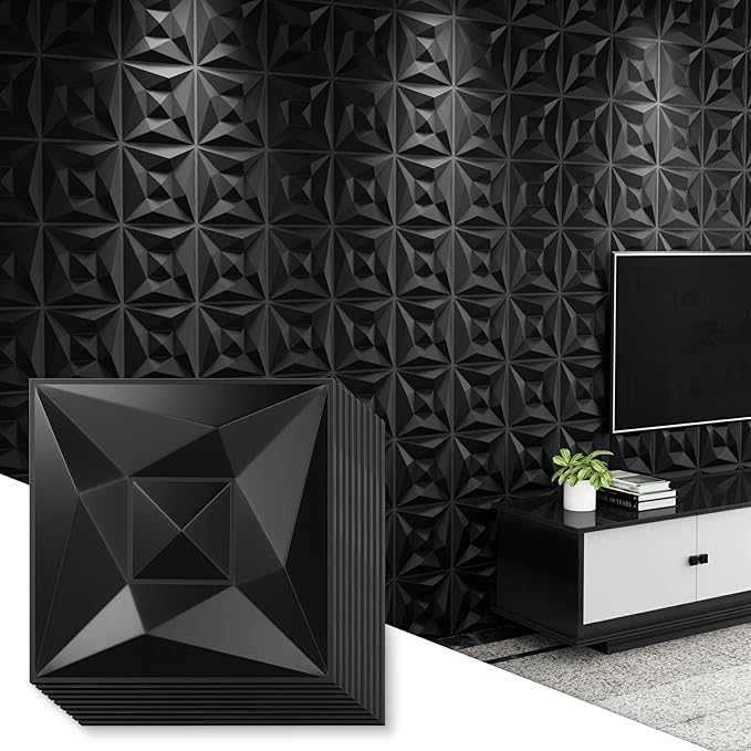 Greymond Black PVC 3D Wall Panels, 33 Pack 11.8''x11.8''Geometric Design