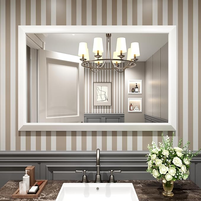 Amorho Bathroom Mirror, 48X32 Inch White Thick Metal Framed Wall Mirrors