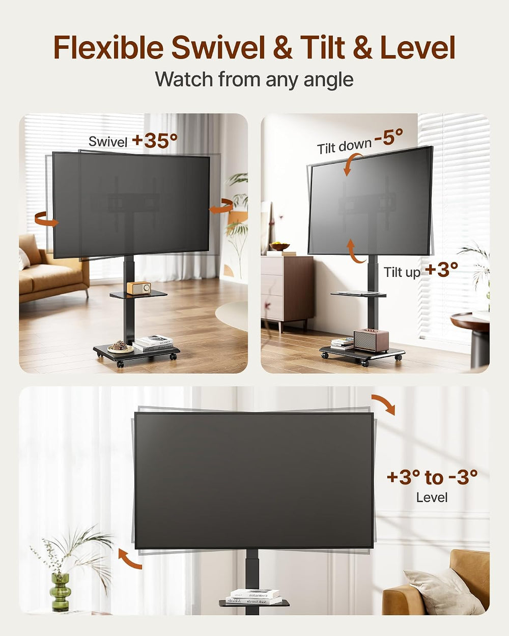 Steel Base Rolling TV Stand for 32-75 inch TVs up to 110 lbs, Black