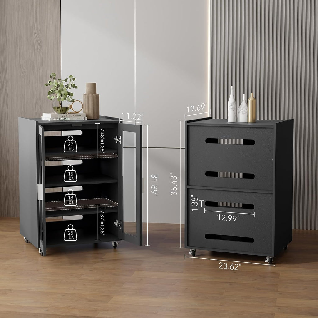 ELECWISH 5 Tier Media Cabinet with Glass Door & Adjustable Shelves, Black