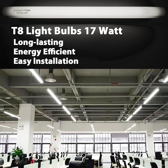 24 Inch F17T8/865 Fluorescent Bulb Daylight 6500K, 17 Watt T8 Light Bulb (8 Pack)