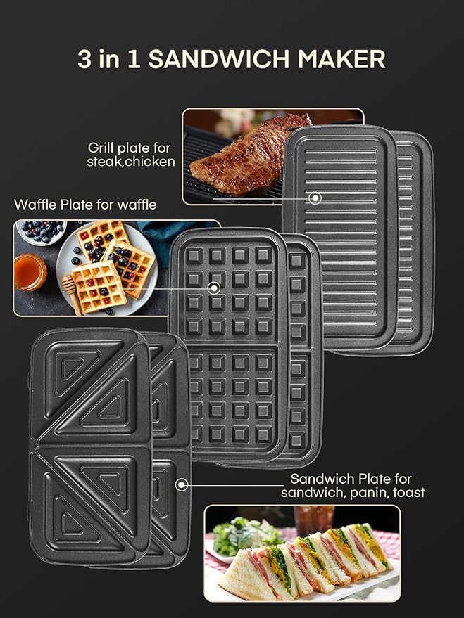 FOHERE Sandwich Maker 3 In 1 Waffle Maker