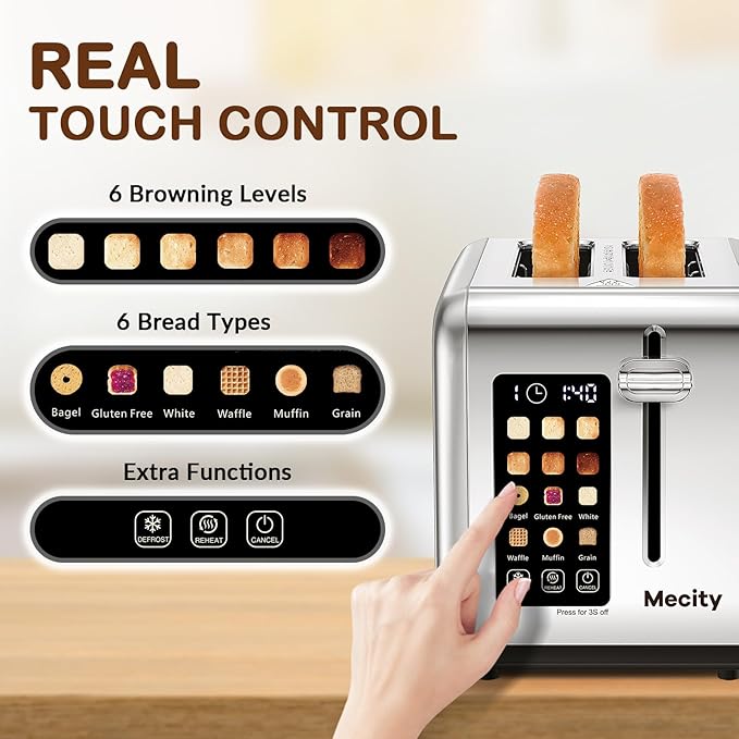 Mecity 2 Slice Toaster Touch Screen 1.5" Wide Slot, Stainless Steel Smart Bread