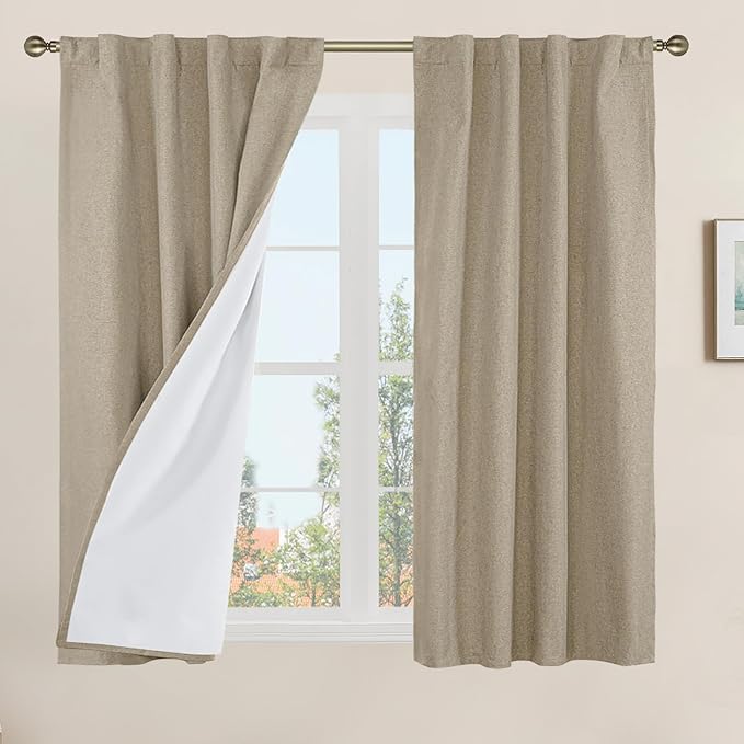LAMIT Natural 100% Blackout Linen Curtains, 45 Inches Linen Textured Thermal