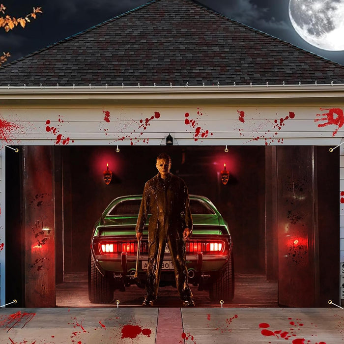 Creepy Halloween Garage Door Cover 7x16ft - Classic Movie Killer Character