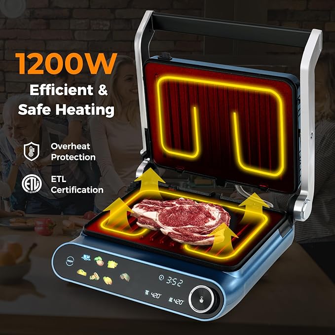 7-In-1 Sandwich Maker with LED Touch Panel & No-Stick Plates, Electric Panini
