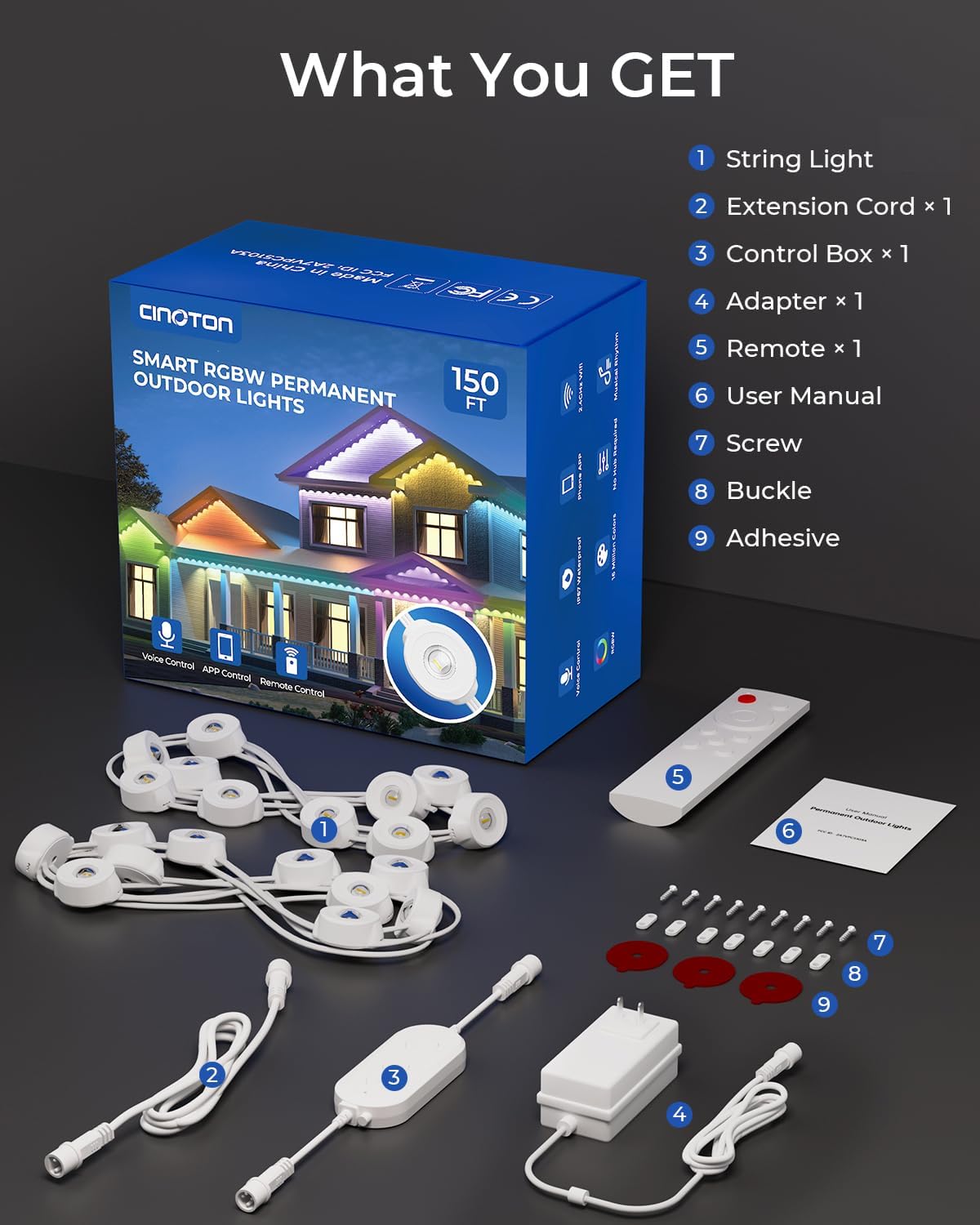 CINOTON Permanent Outdoor Lights 150ft, Smart RGBW+IC Eaves Lights with 90LEDs, IP67 Waterproof, 111 Scene Modes for Daily and Festival, Halloween Christmas Holiday Decor, APP/Voice/Remote Control