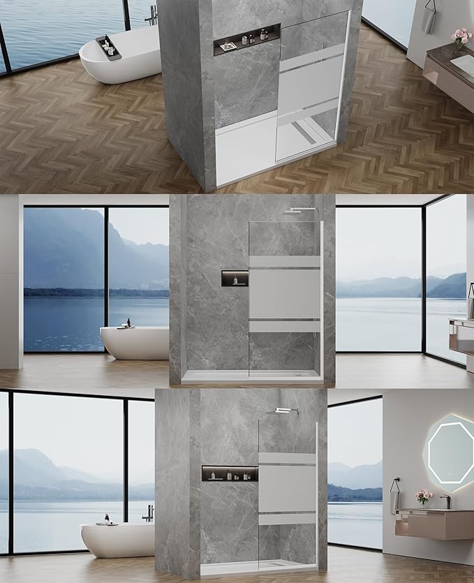 36"x76" Fixed Glass Shower Door, 3/8" Thick Mid-Band Frosted Privacy Tempered