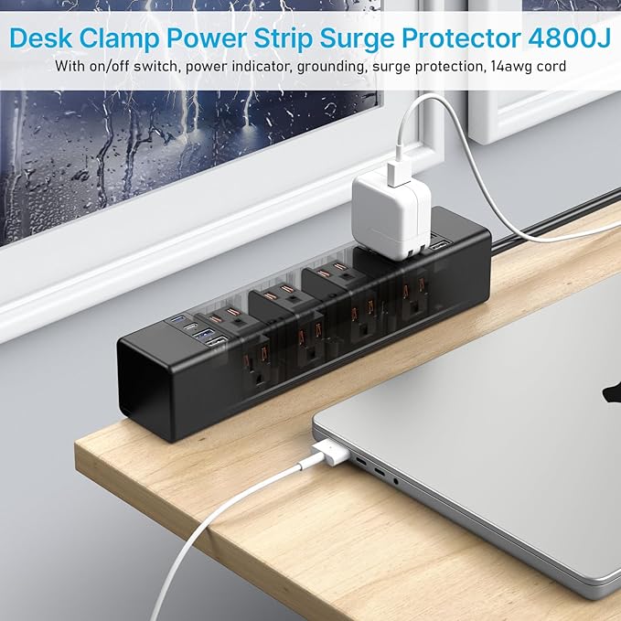 CCCEI Desk Outlet Station 20W USB C Port. 12 Outlet Desktop Clamp Power Strip
