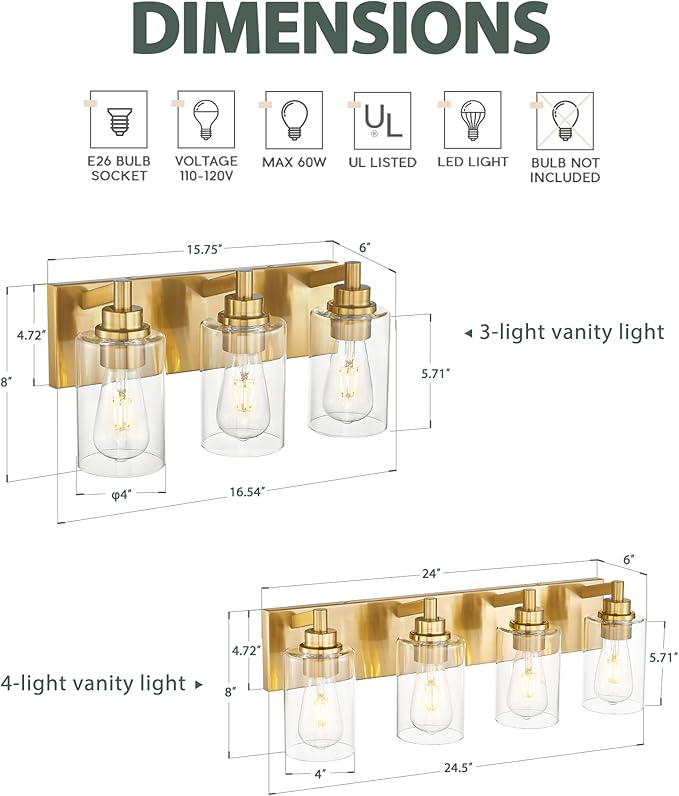 METWET 4-Light Bathroom Light Fixtures, Brushed Gold Vanity Light
