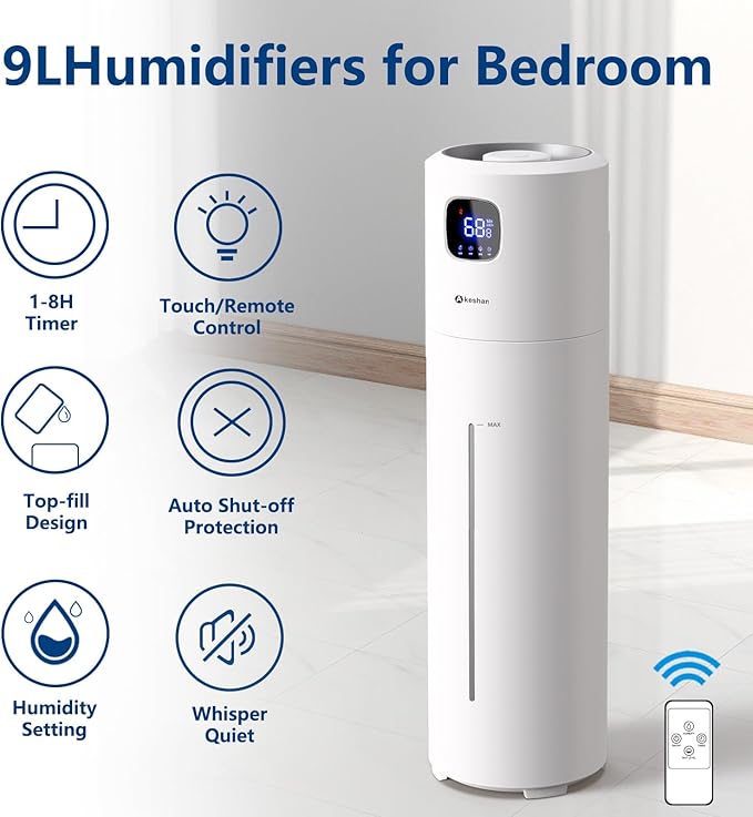 Akeshan Large Humidifiers for Bedroom, 9L/2.5Gal Ultrasonic Cool Mist, Top Fill