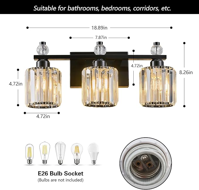 FDPBY Bathroom Vanity Lights 3-Light Plating Black Modern Crystal Vanity Light