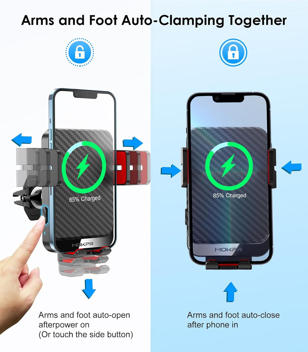 wireless car charger 15w fast charging auto-clamping air, close-up detail