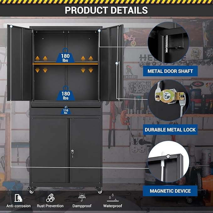 73" Metal Cabinet-Black Heavy Duty Rolling Storage Cabinet Steel Tool Cabinets